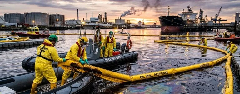 Industrial oil spill cleanup team deploying absorbent booms in PPE