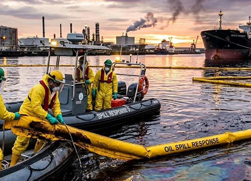 industrial oil spill cleanup team deploying absorbent booms