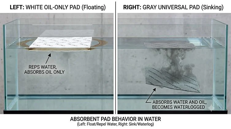 white oil only pad floating on water vs gray universal pad sinking